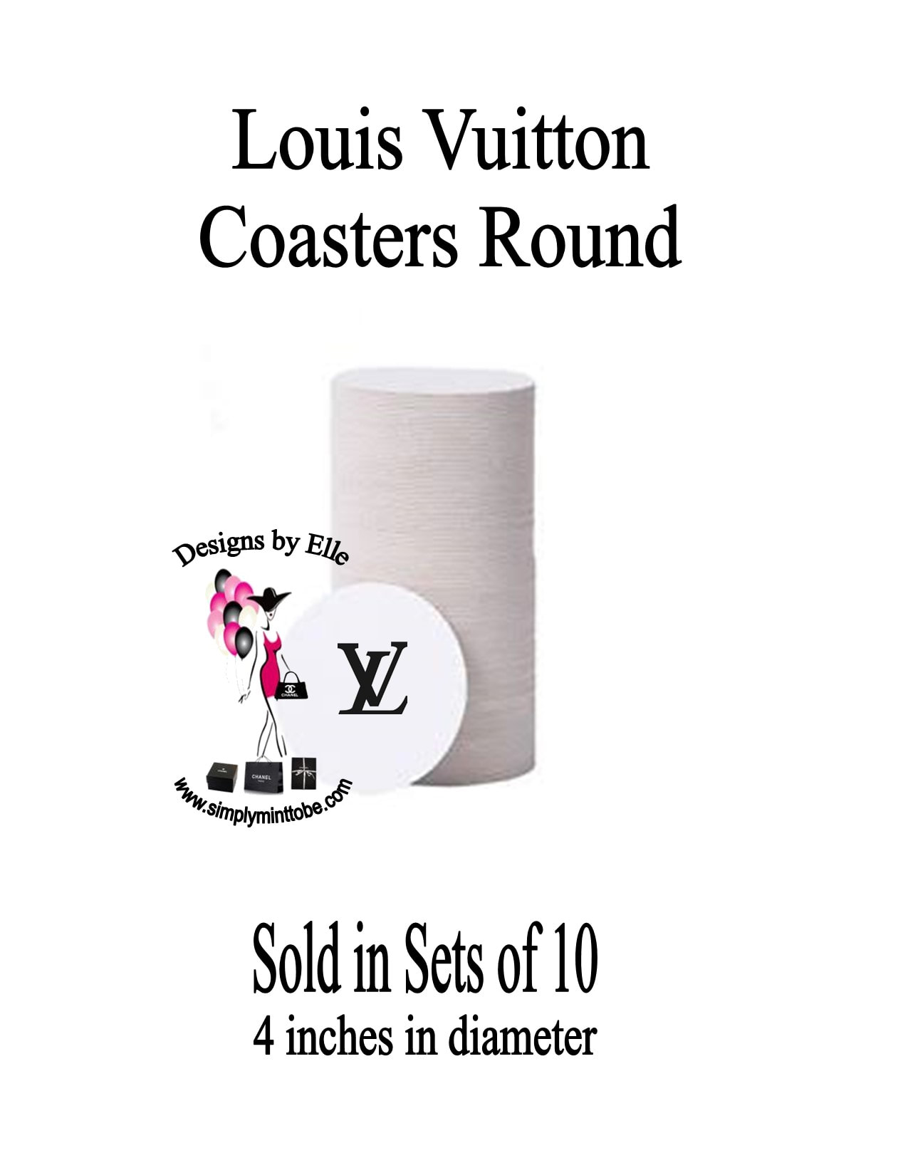 LV Louis Vuitton Round White Drink Coasters with LV Logo for all occasions  made to order Sold in Sets of 10