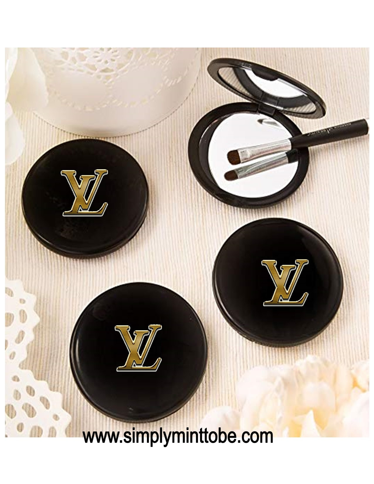 Louis Vuitton Inspired Black Compact Mirrors with Gold LV logo for all  occasions Sweet Sixteen, Weddings, Baby Showers, Birthdays, Bridal,  Quinceñera